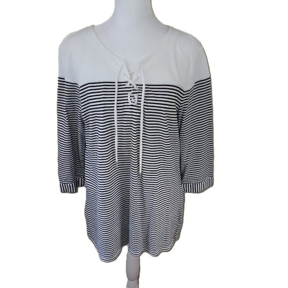 Chico’s Nautical Mariner Striped Top Blue & White Lace Neck Tee Women's Size L - Picture 1 of 13